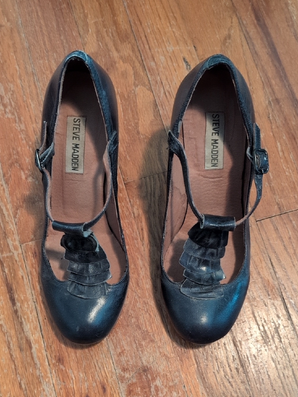 Steve Madden Navy Ruffle T-Strap Heels